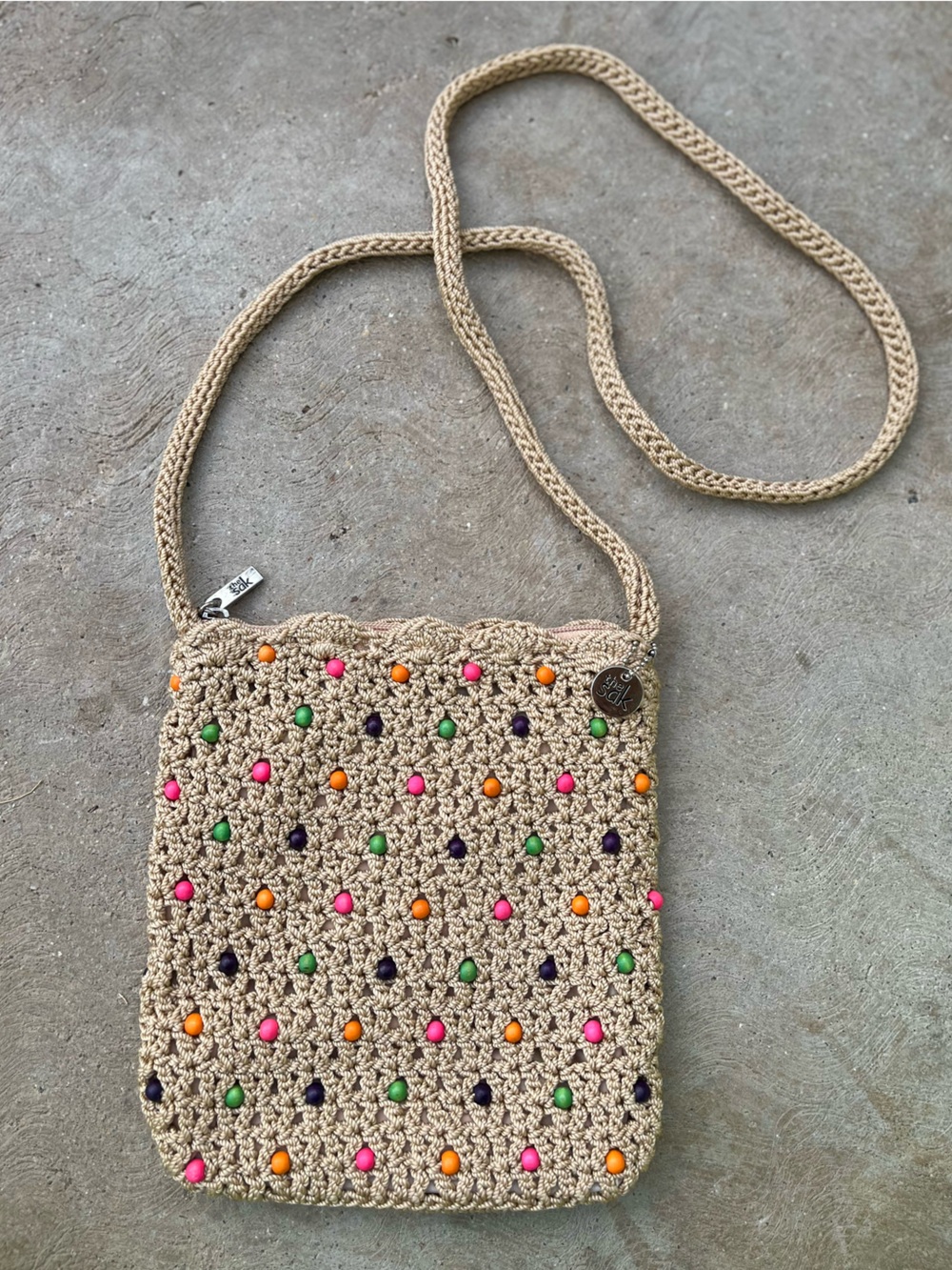THE SAK | Beige Crochet Crossbody Bag with Colorful Bead Accents